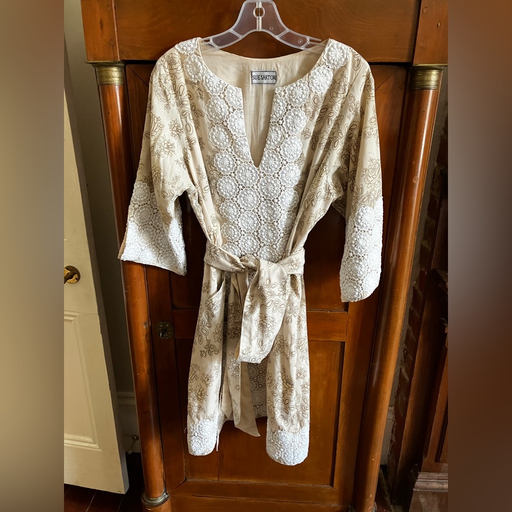 Sue Sartor Beige Floral block print caftan dress with white Lace Accents